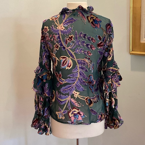 PATBO Colorful Floral Burnout Velvet Sheer Long Sleeve Ruffle Blouse Size Small - Picture 5 of 12